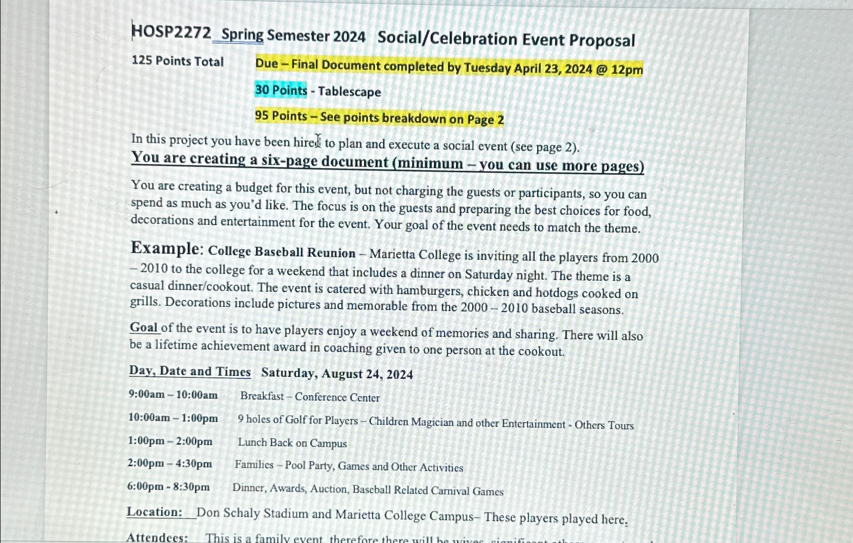  HOSP2272 Spring Semester 2024 Social/Celebration Event Proposal 125 Points Total Due