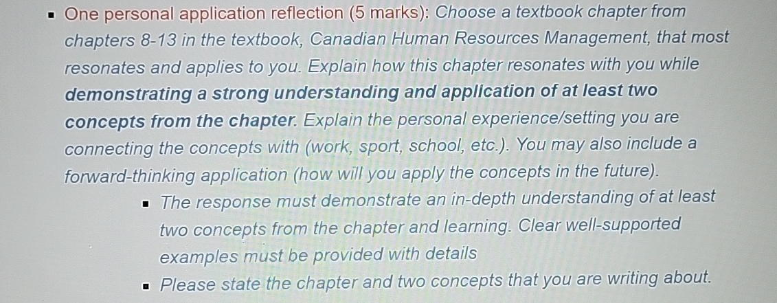  One personal application reflection (5 marks): Choose a textbook chapter from