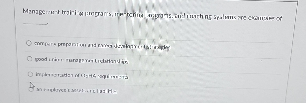  Management training programs, mentoring programs, and coaching systems are examples of