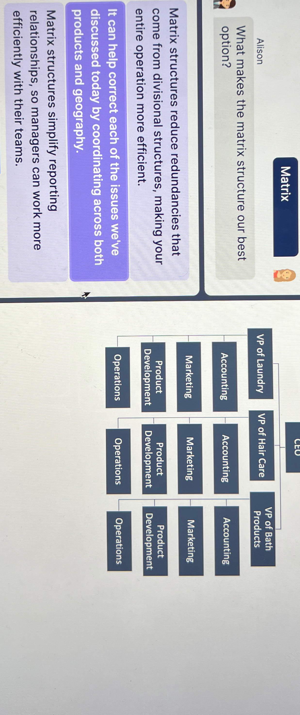  Alison What makes the matrix structure our best option? 