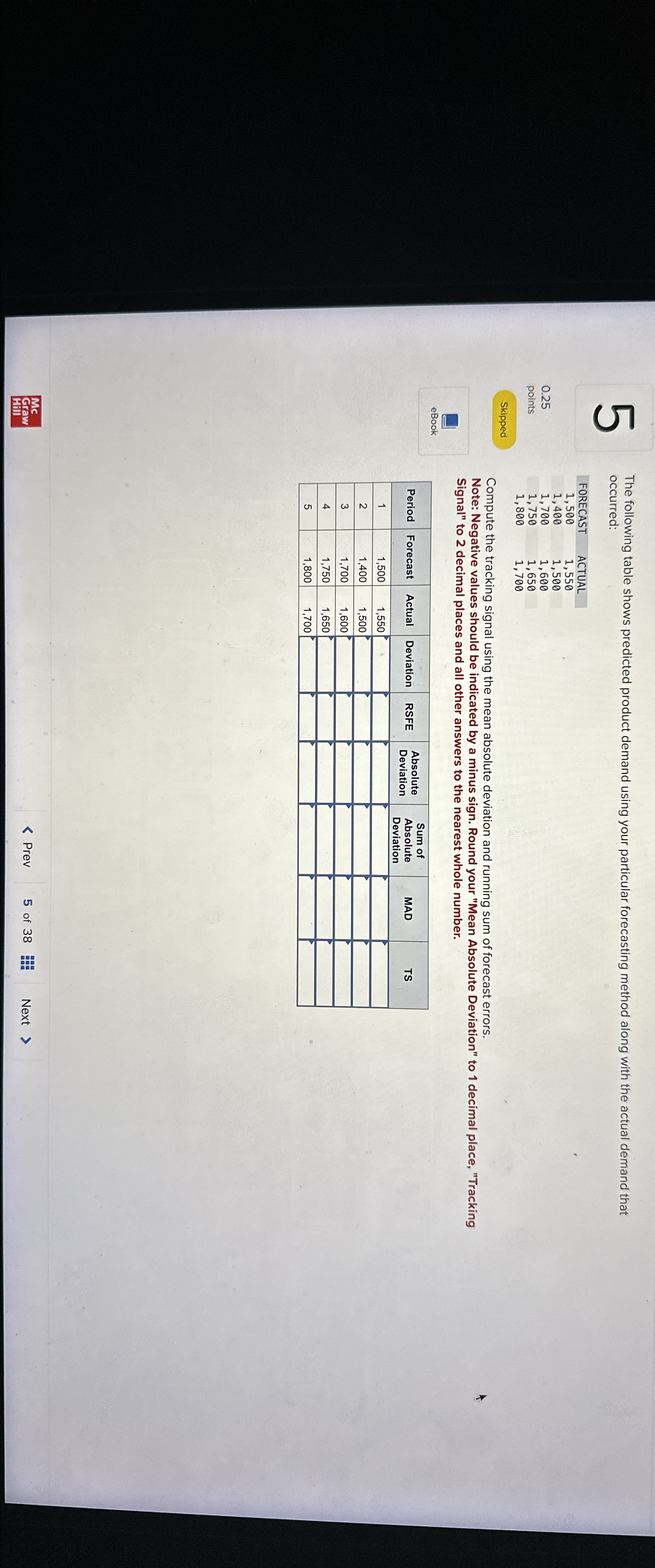  5 The following table shows predicted product demand using your particular