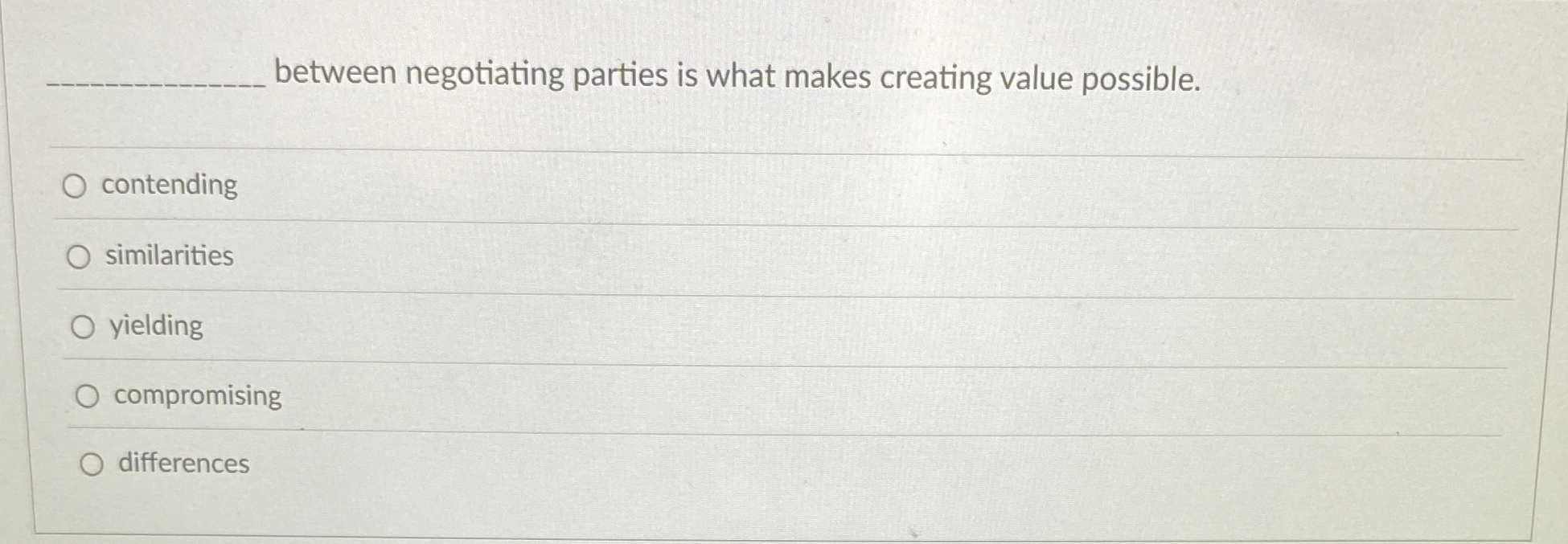  between negotiating parties is what makes creating value possible. contending similarities