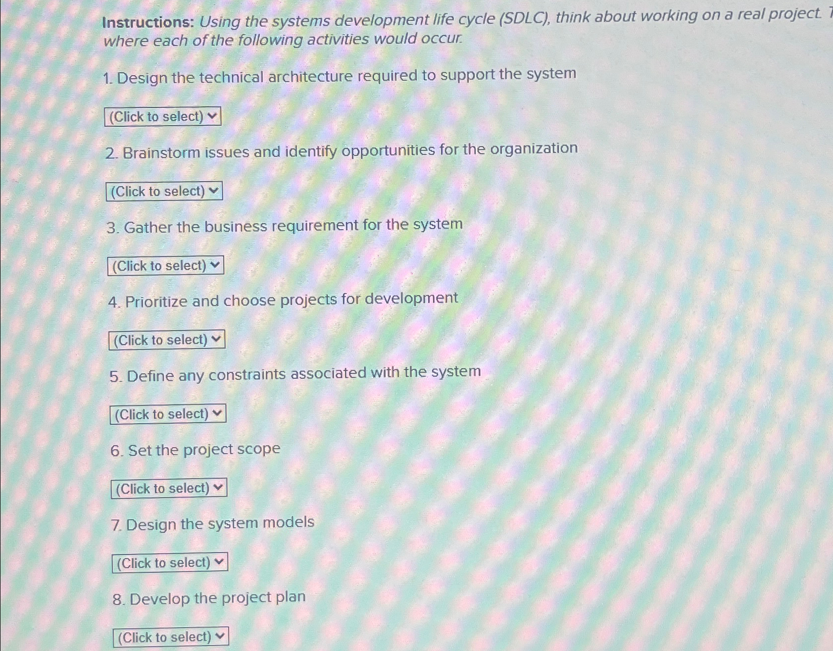  Instructions: Using the systems development life cycle (SDLC), think about working