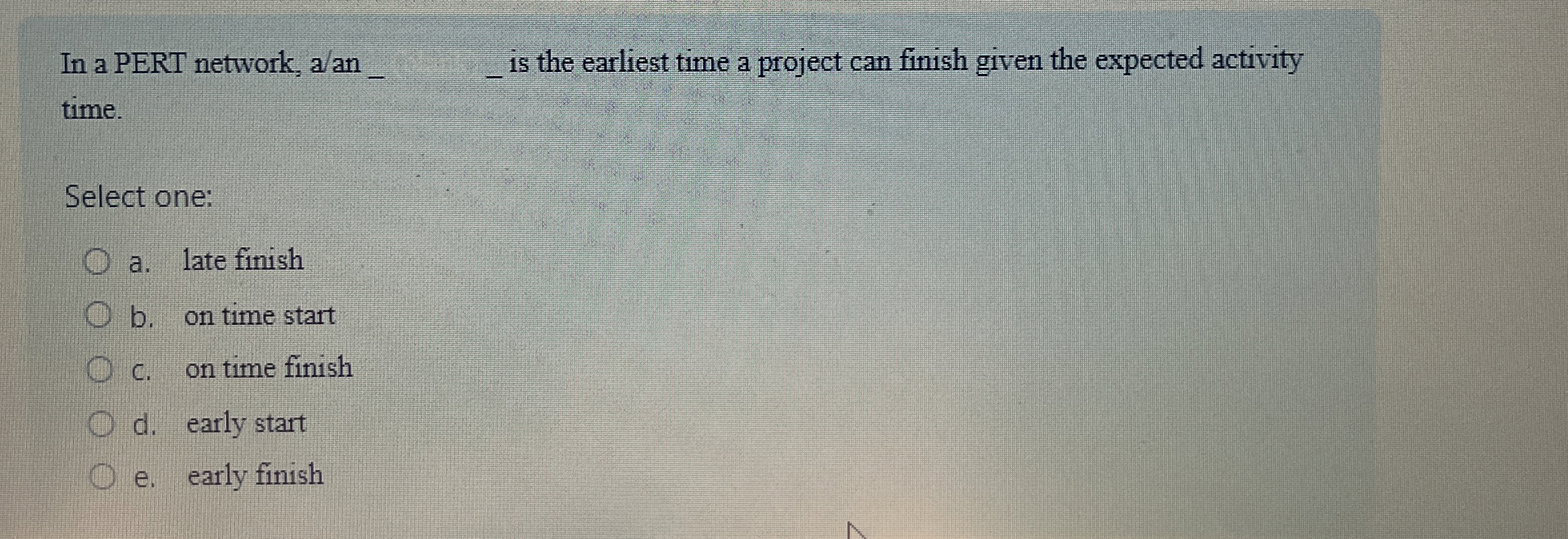  In a PERT network, a/an is the earliest time a project