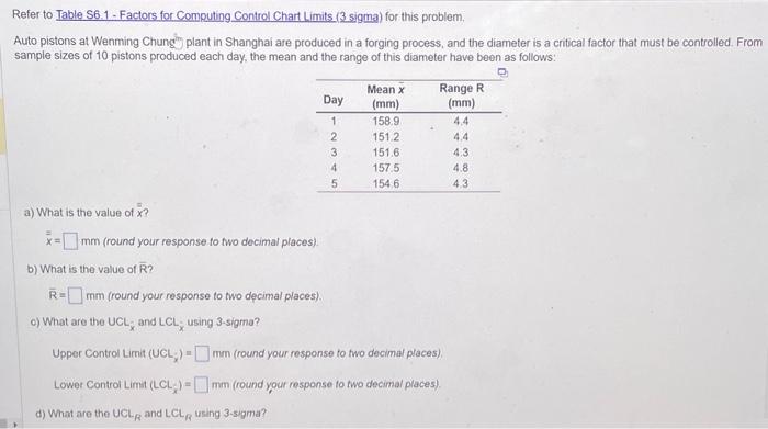  Refer to Table S6.1 - Factors for Computing Control Chart Limits