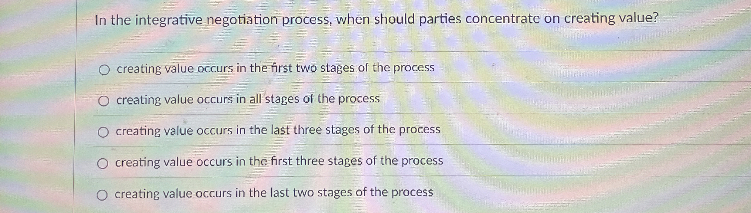  In the integrative negotiation process, when should parties concentrate on creating