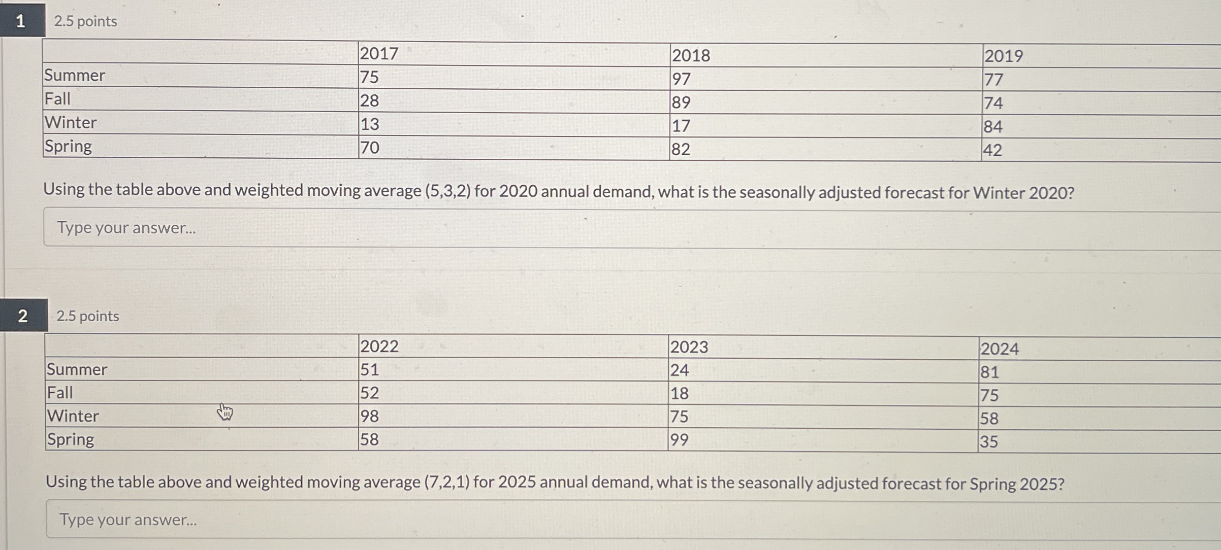  1 2.5 points \table[[,2017,2018,2019],[Summer,75,97,77],[Fall,28,89,74],[Winter,13,17,84],[Spring,70,82,42]] Using the table above and weighted moving
