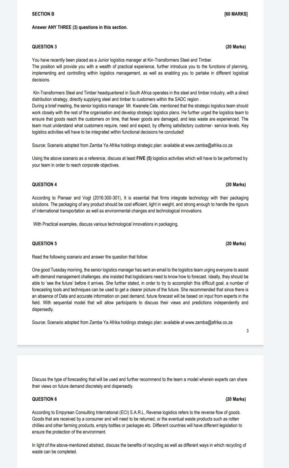 SECTION B [60 MARKS] Answer ANY THREE (3) questions in this