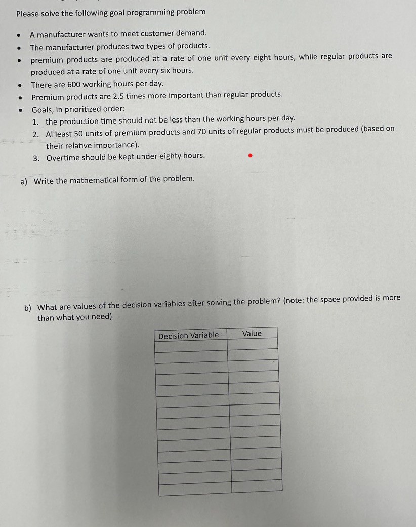 Please solve the following goal programming problem - A manufacturer wants