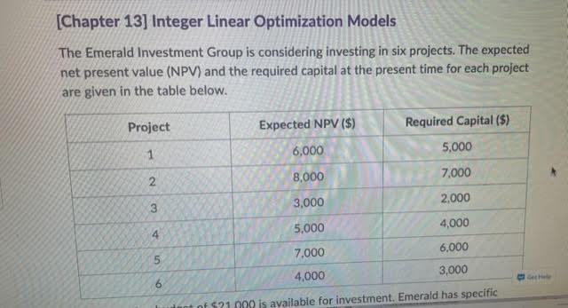  [Chapter 13] Integer Linear Optimization Models The Emerald Investment Group is