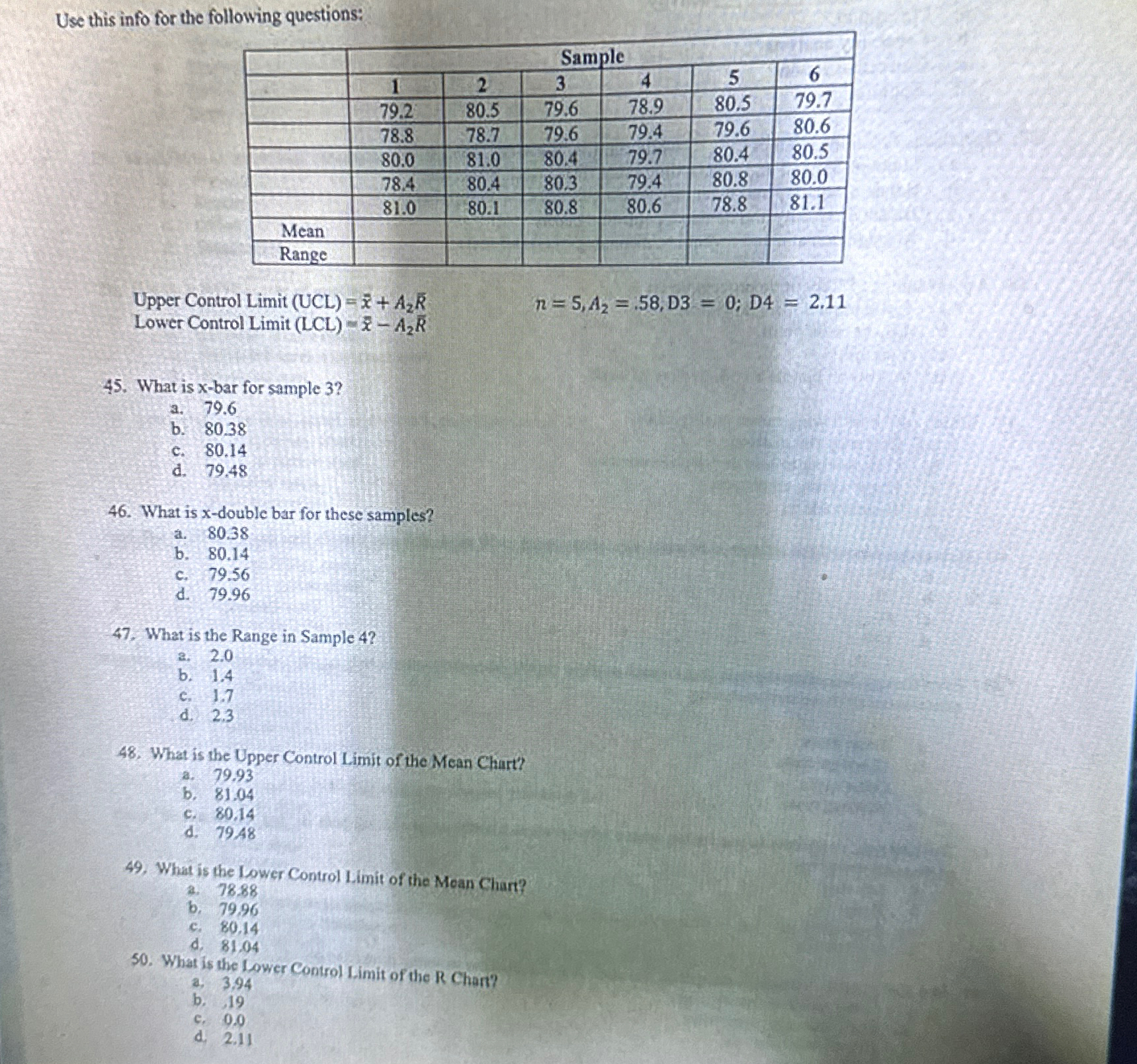  Use this info for the following questions: \table[[,Sample],[,1,2,3,4,5,6,],[,79.2,8,79.7,],[,78.8,78.7,79.6,79.4,79.6,80.6,],[,80.0,81.0,80.4,79.7,80.4,80.5,],[,78.4,80.4,80.3,79.4,80.8,80.0,],[,81.0,80.1,80 Please answer all