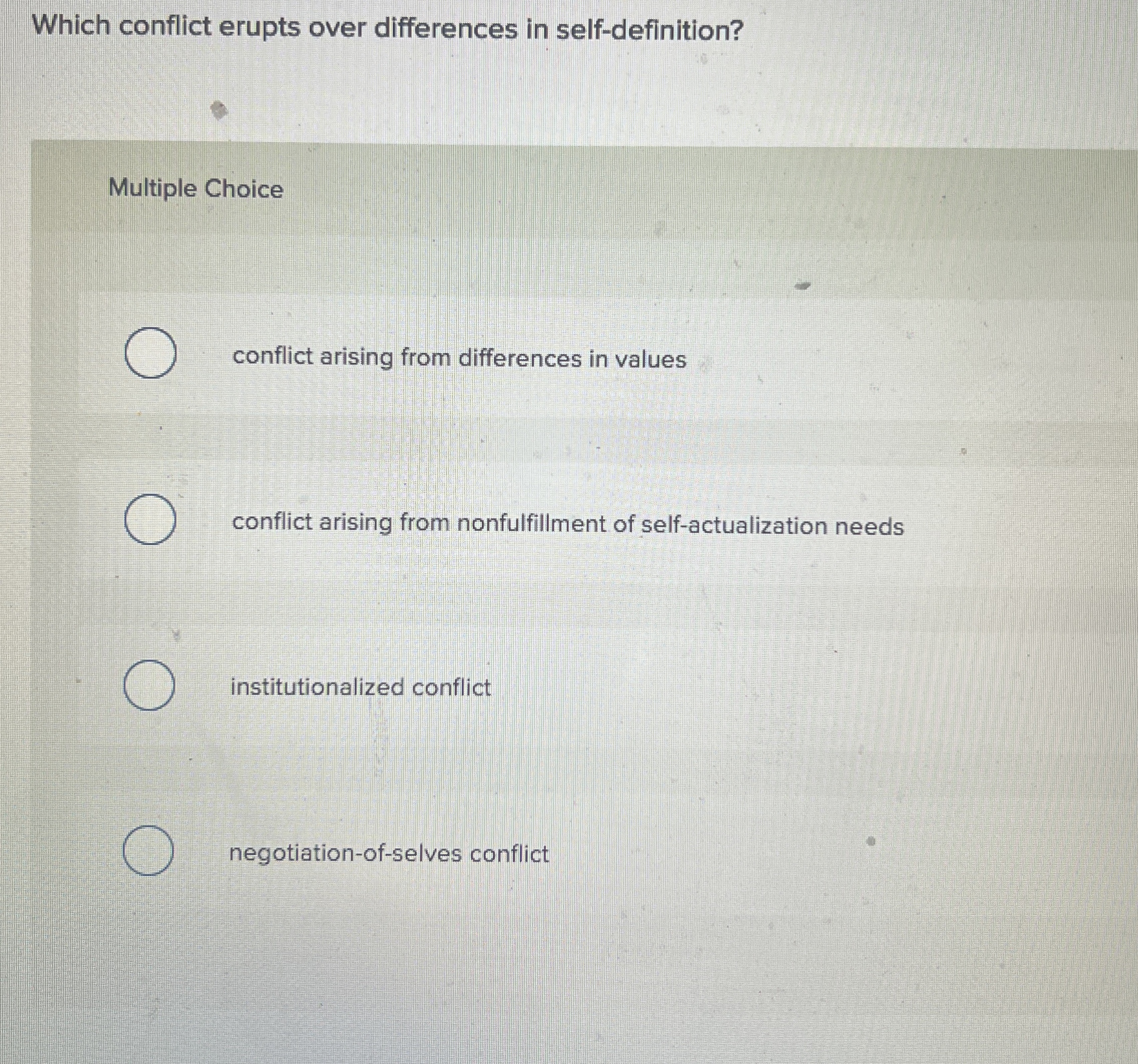  Which conflict erupts over differences in self-definition? Multiple Choice conflict arising