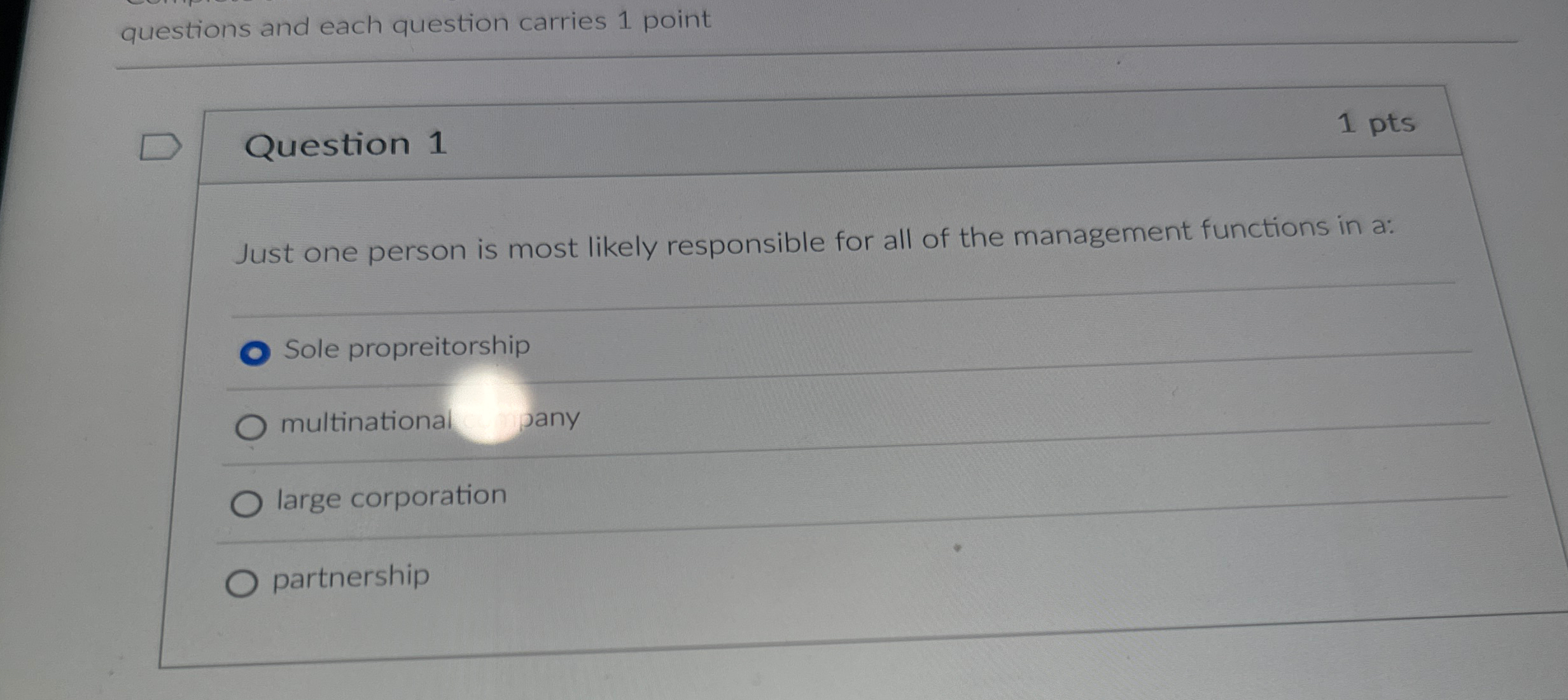  questions and each question carries 1 point Question 1 1 pts