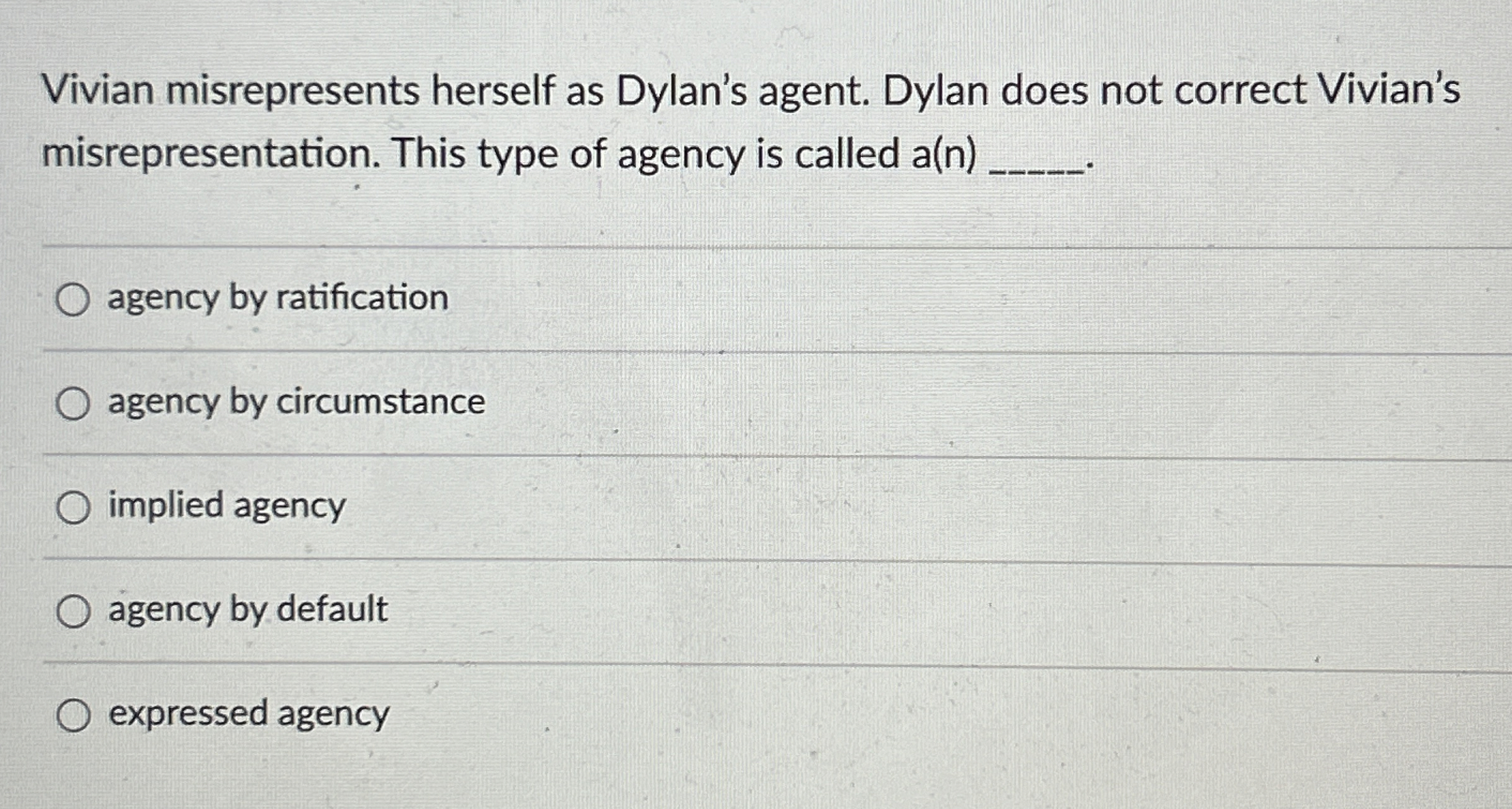  Vivian misrepresents herself as Dylan's agent. Dylan does not correct Vivian's