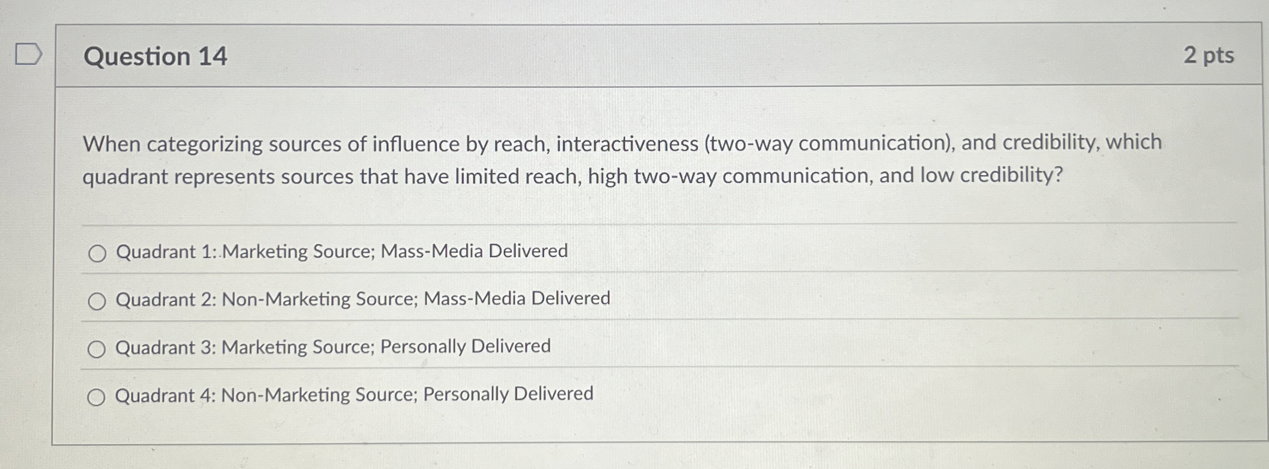  Question 14 2 pts When categorizing sources of influence by reach,