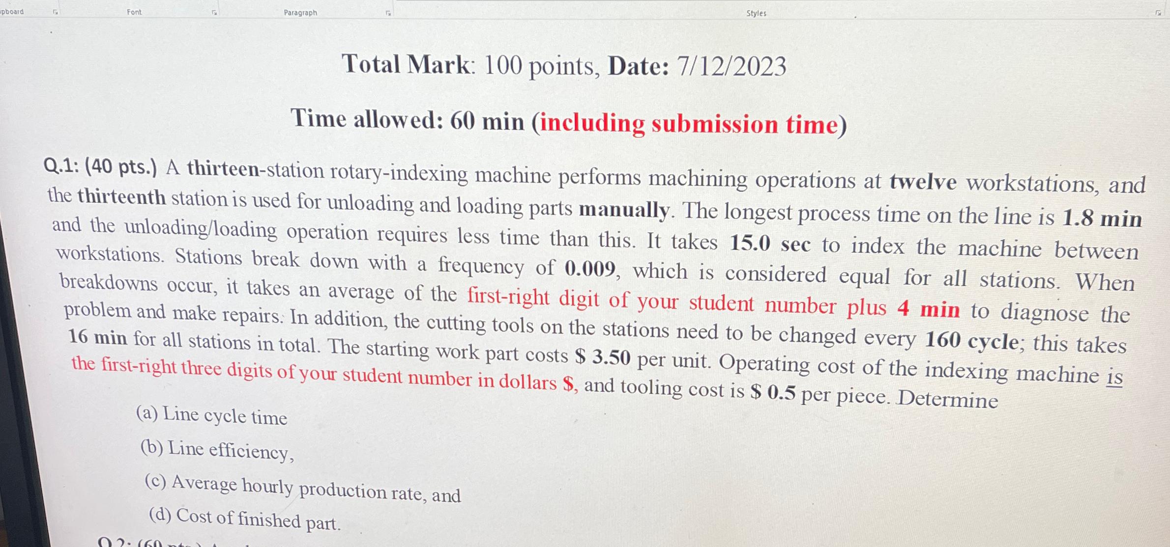  Total Mark: 100 points, Date: 7/12/2023 Time allowed: 60min (including submission
