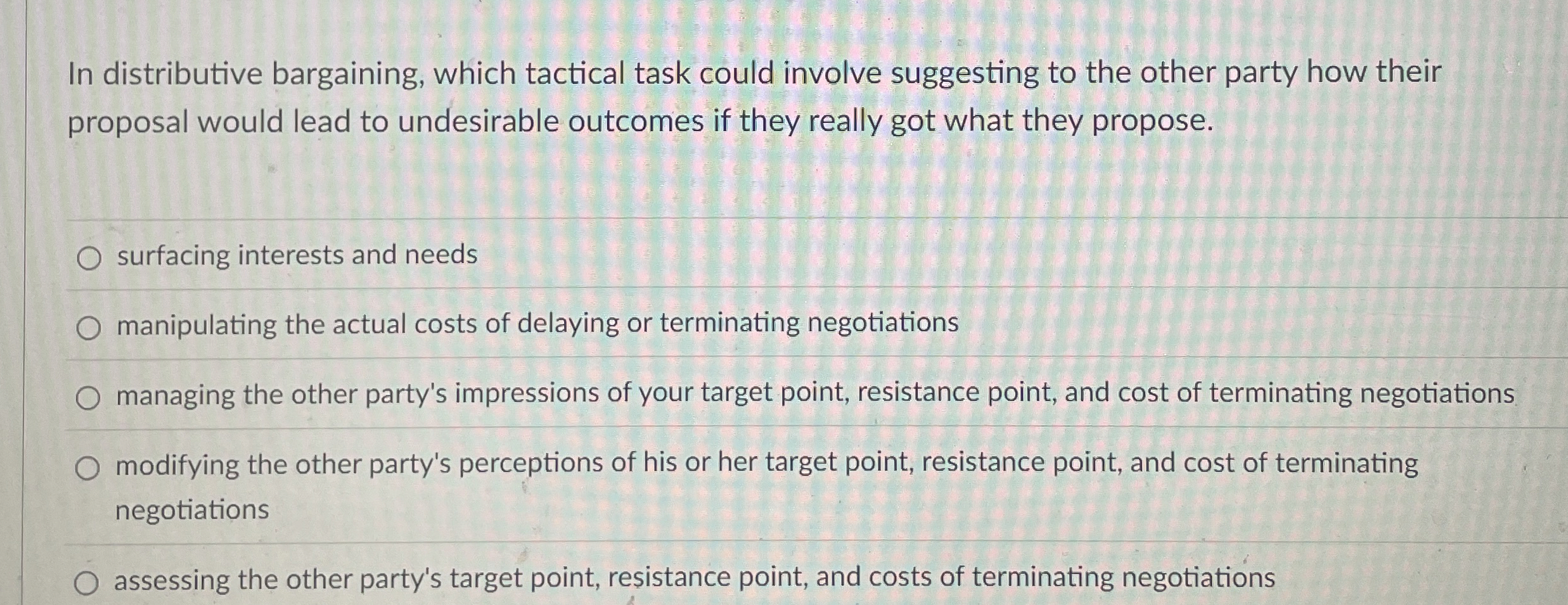  In distributive bargaining, which tactical task could involve suggesting to the