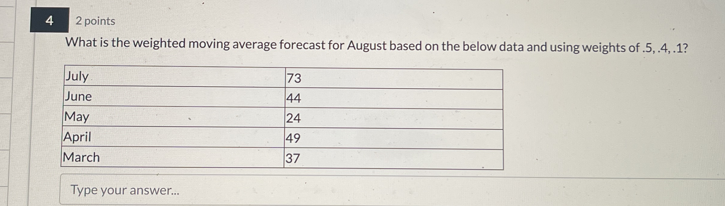  4 2 points What is the weighted moving average forecast for