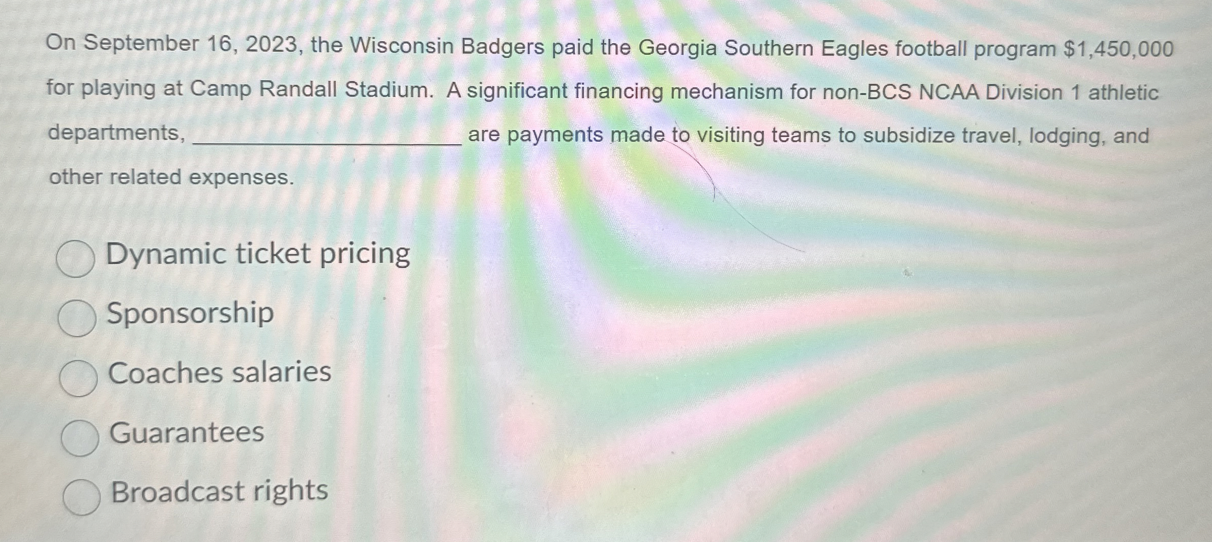  On September 16,2023, the Wisconsin Badgers paid the Georgia Southern Eagles