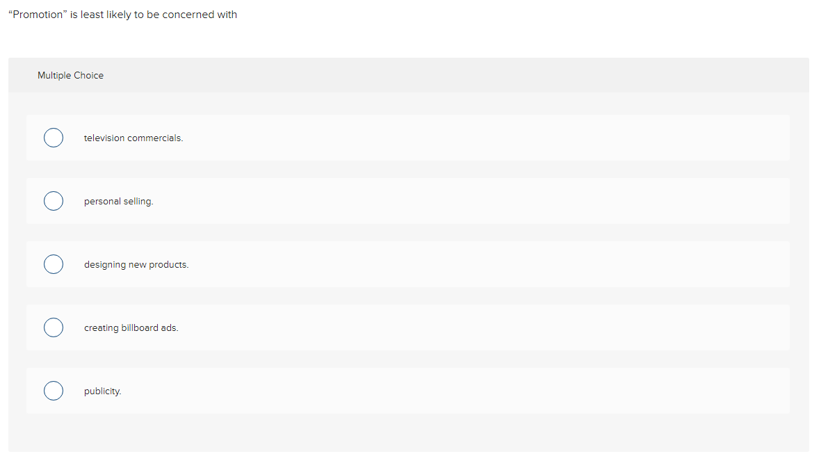  "Promotion" is least likely to be concerned with Multiple Choice television