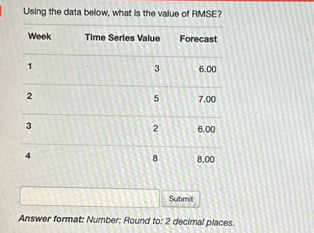 Using the data below, what is the value of RMSE? \table[[Week,Time