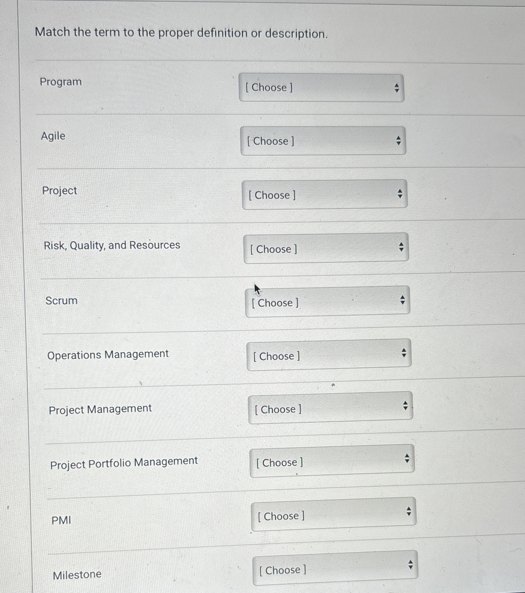  Match the term to the proper definition or description. Program Agile