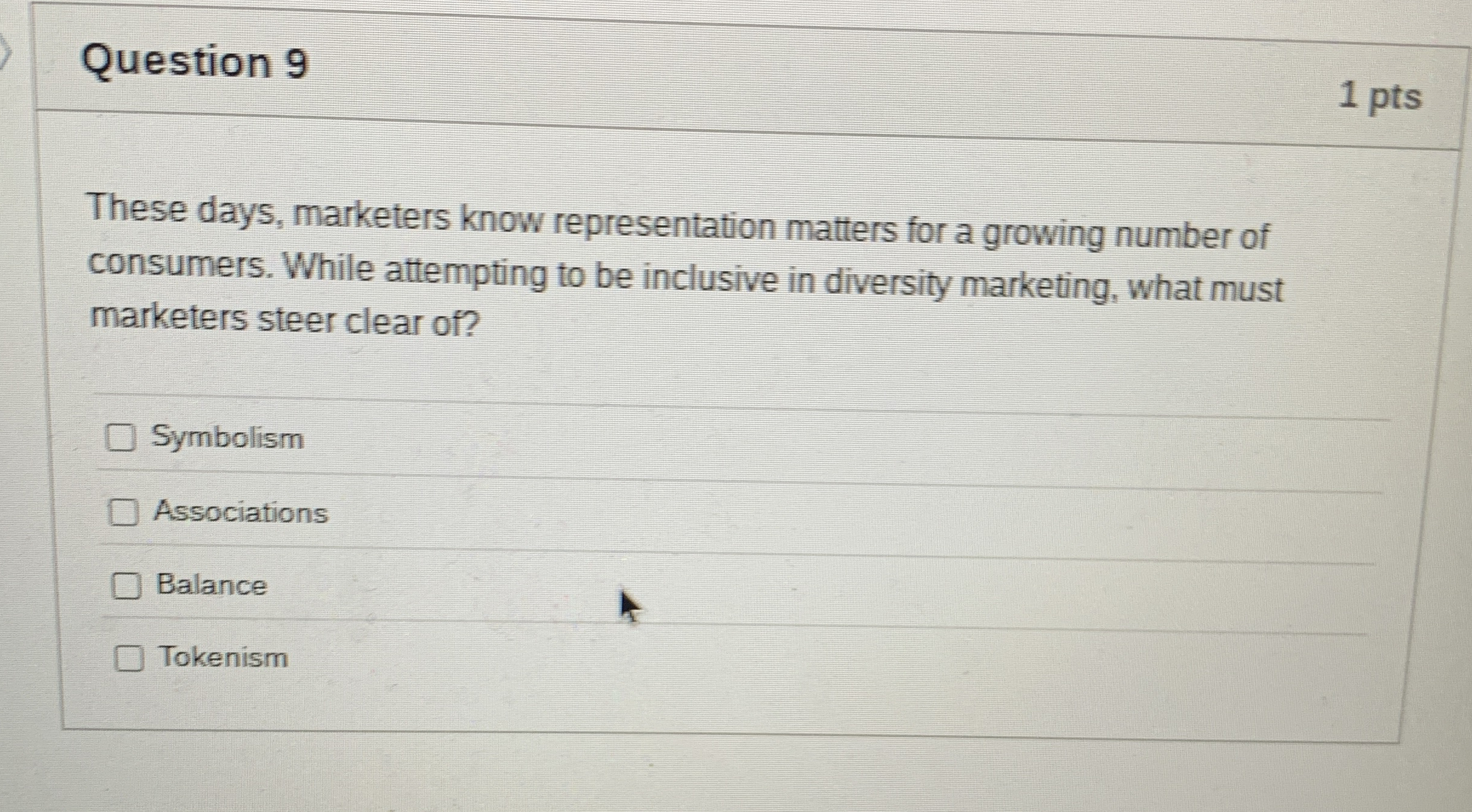  Question 9 1 pts These days, marketers know representation matters for