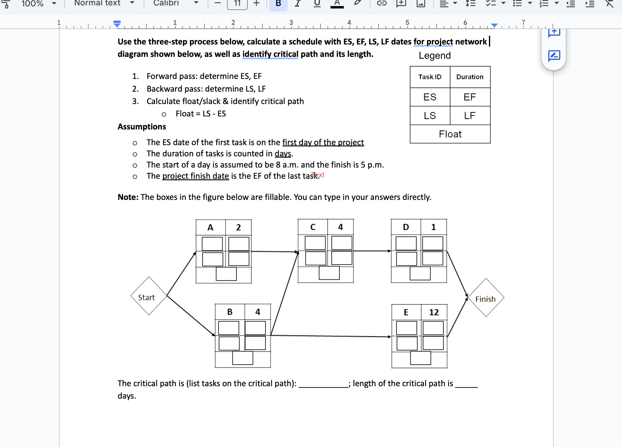  Use the three-step process below, calculate a schedule with ES, EF,