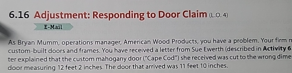  6.16 Adjustment: Responding to Door Claim (L.O.4) E-Mail As Bryan Mumm,