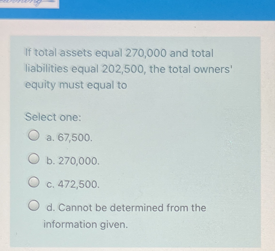 Select If total assets equal 270,000 and total liabilities equal 202,500, the