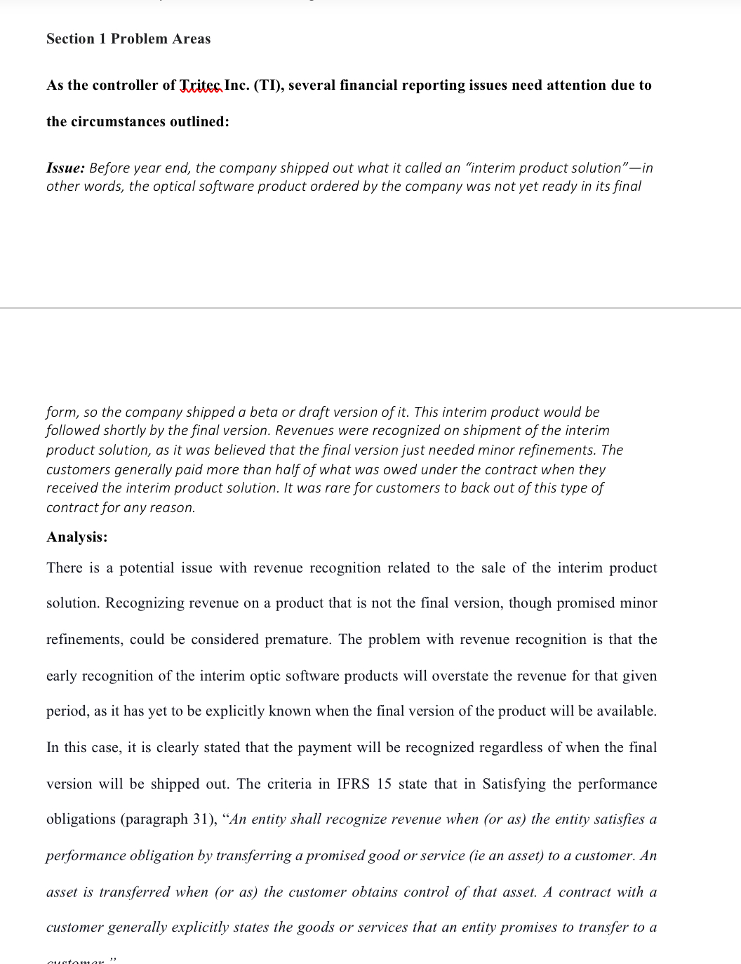  Section 1 Problem Areas As the controller of Tritec, Inc. (TI),