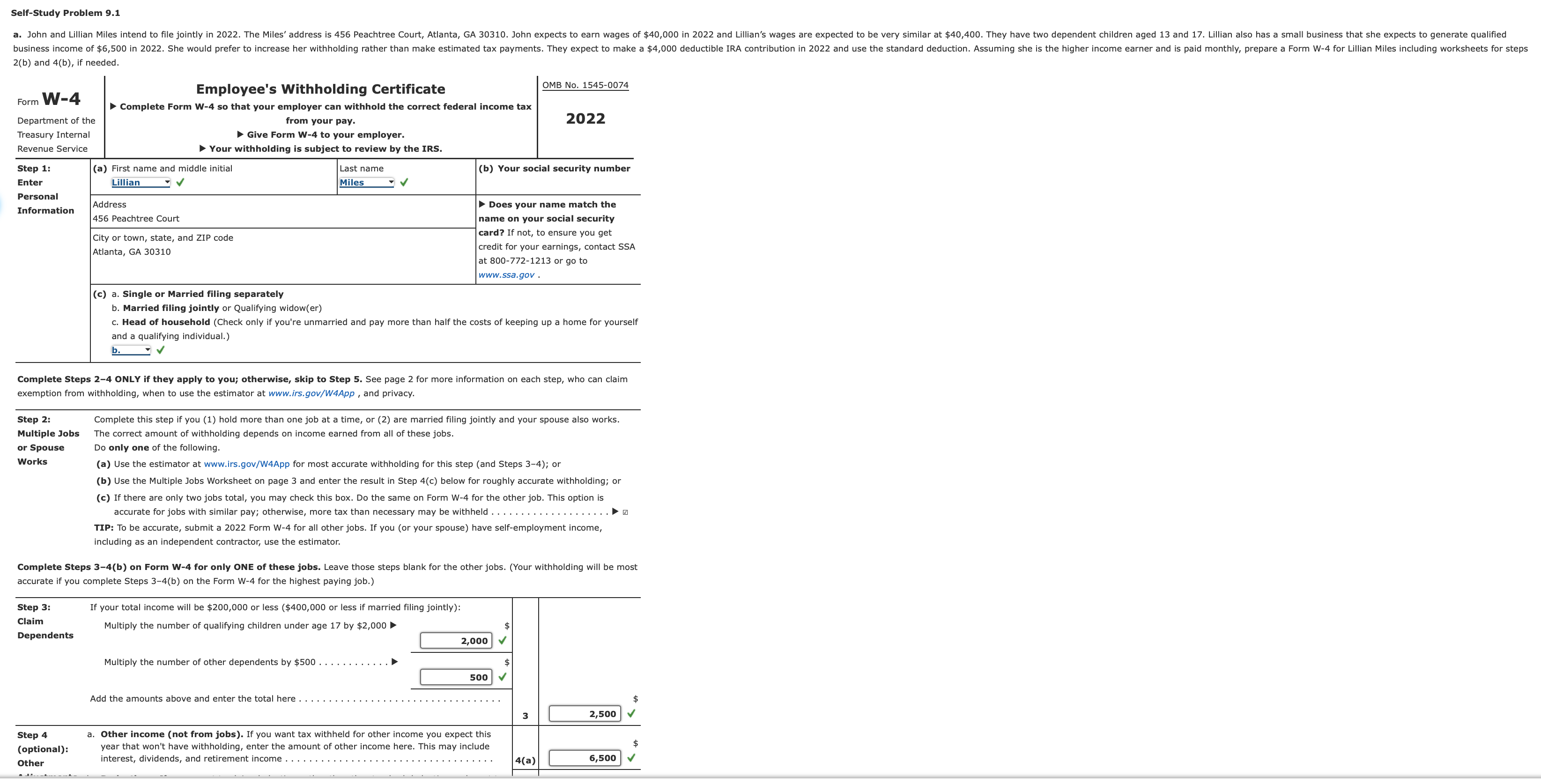 jointly in 2022. The Miles' address is 456 Peachtree Court, Atlanta, GA