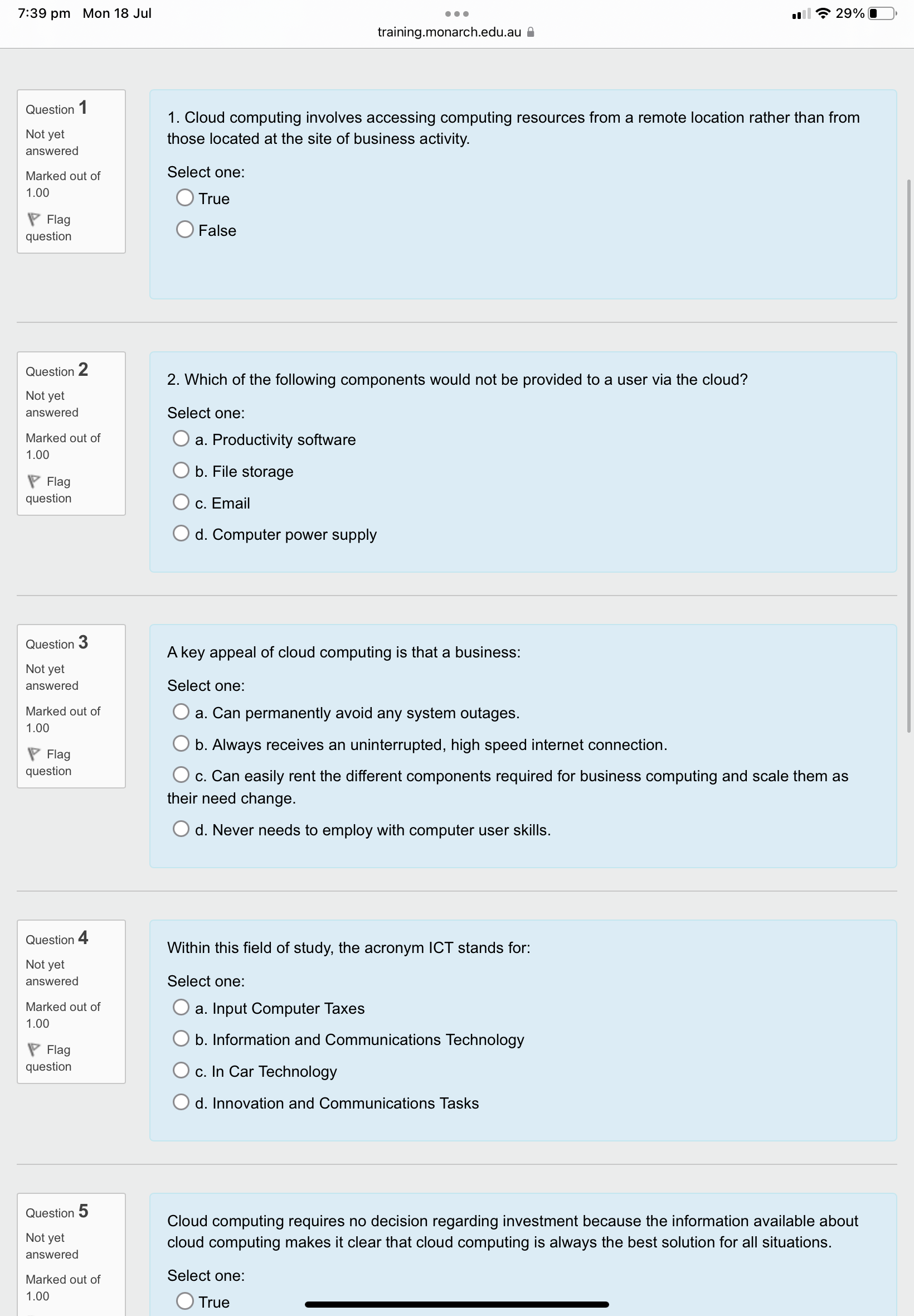  7:39 pm Mon 18 Jul trainingmonarcheduau 0)) 29% E} Question 1