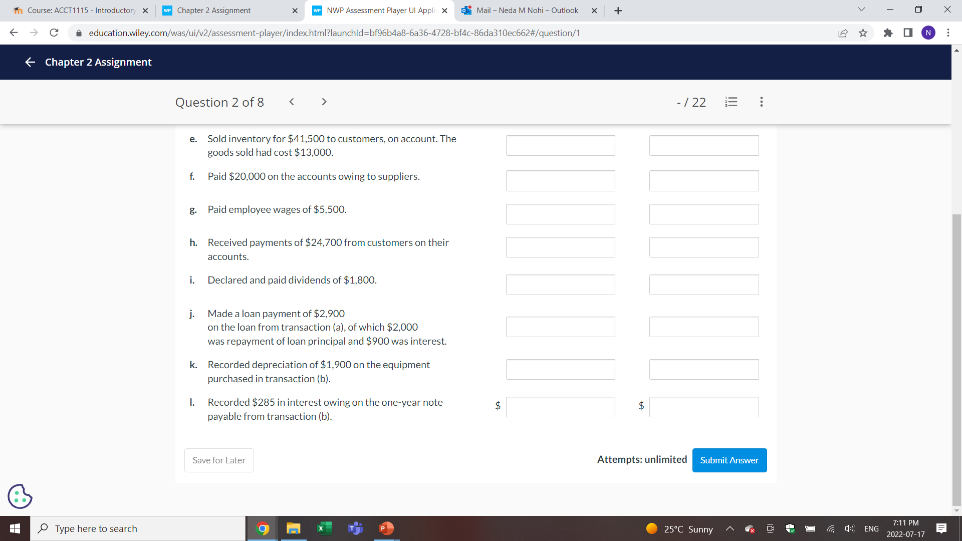  In Course: ACCT1115 - Introductory X WP Chapter 2 Assignment X