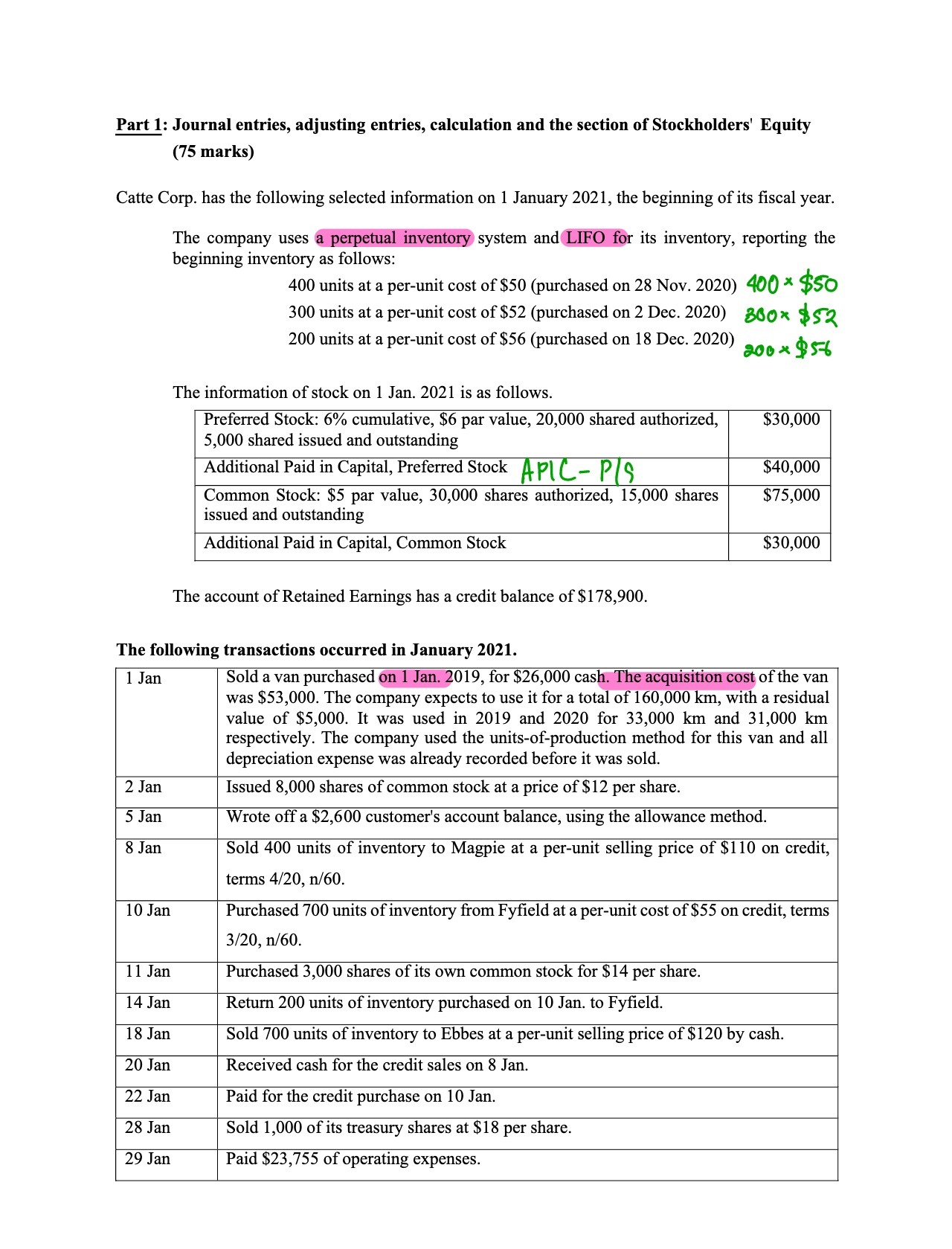  Part 1: Journal entries, adjusting entries, calculation and the section of