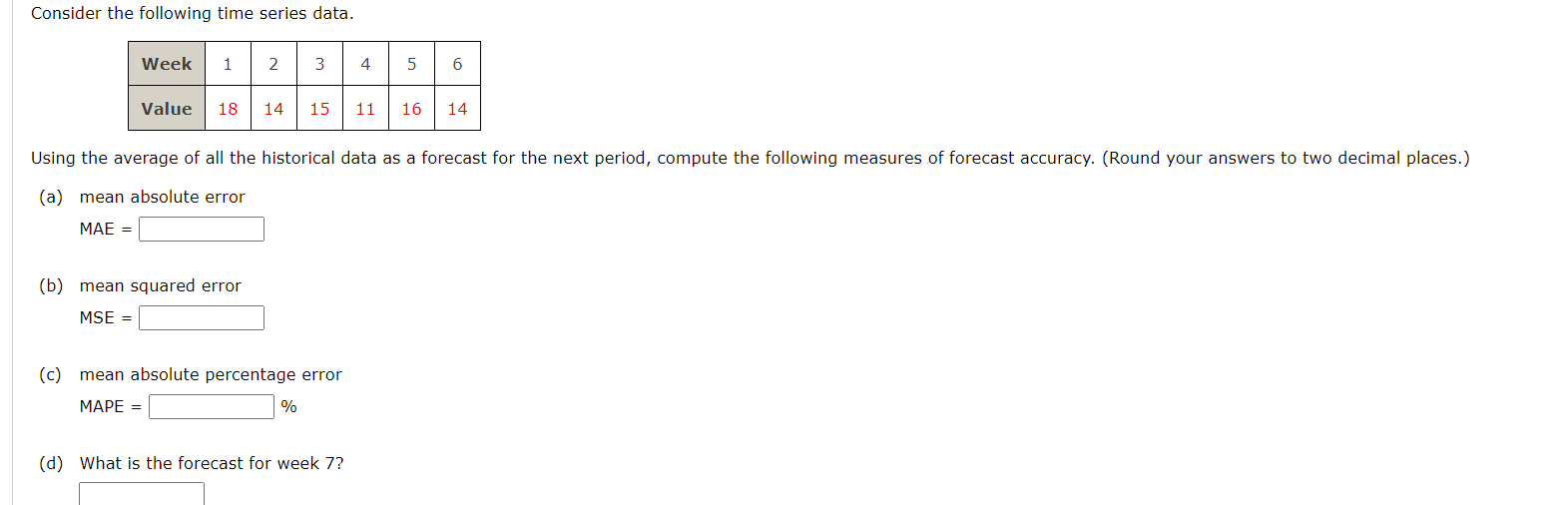  Consider the following time series data. Using the average of all