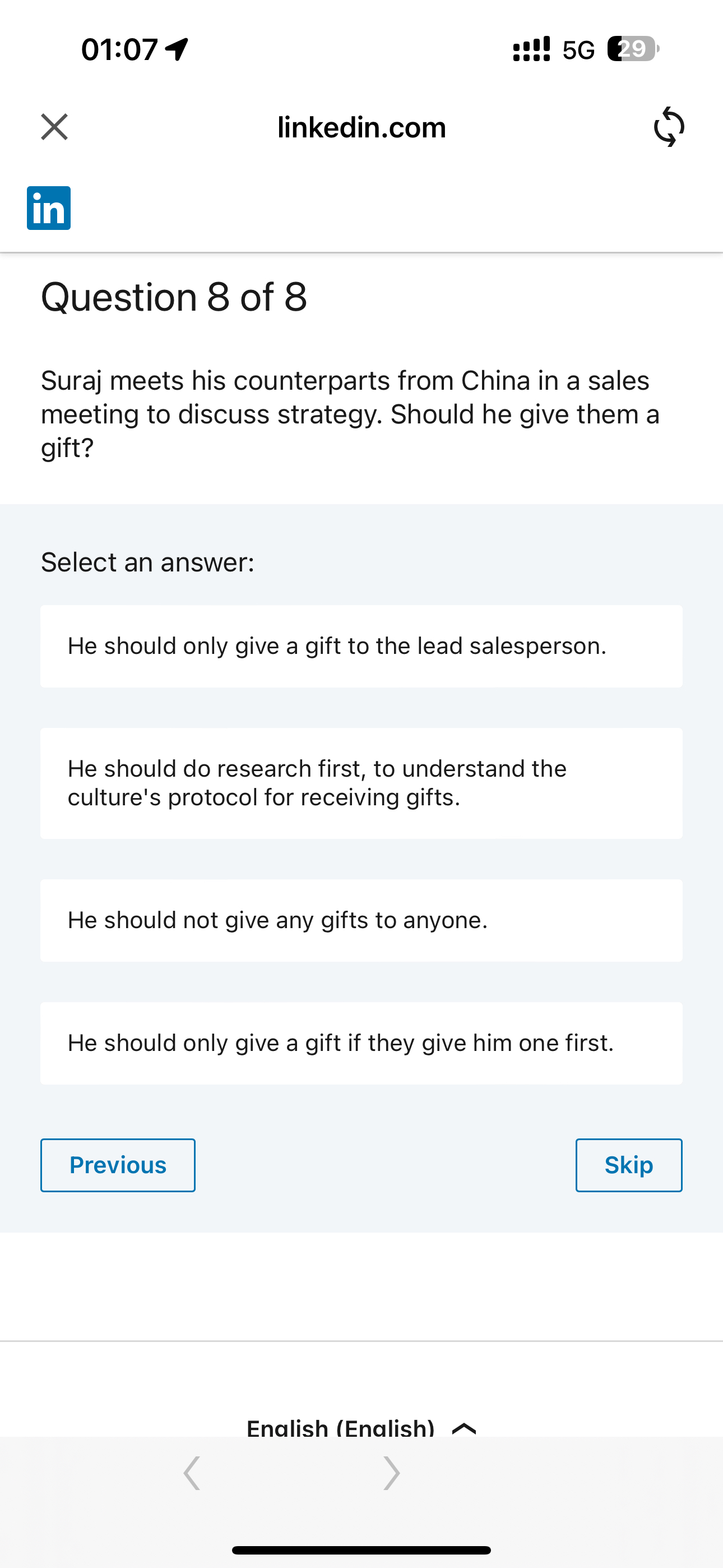  01:074 :4!!5G 29 linkedin.com in Question 8 of 8 Suraj meets