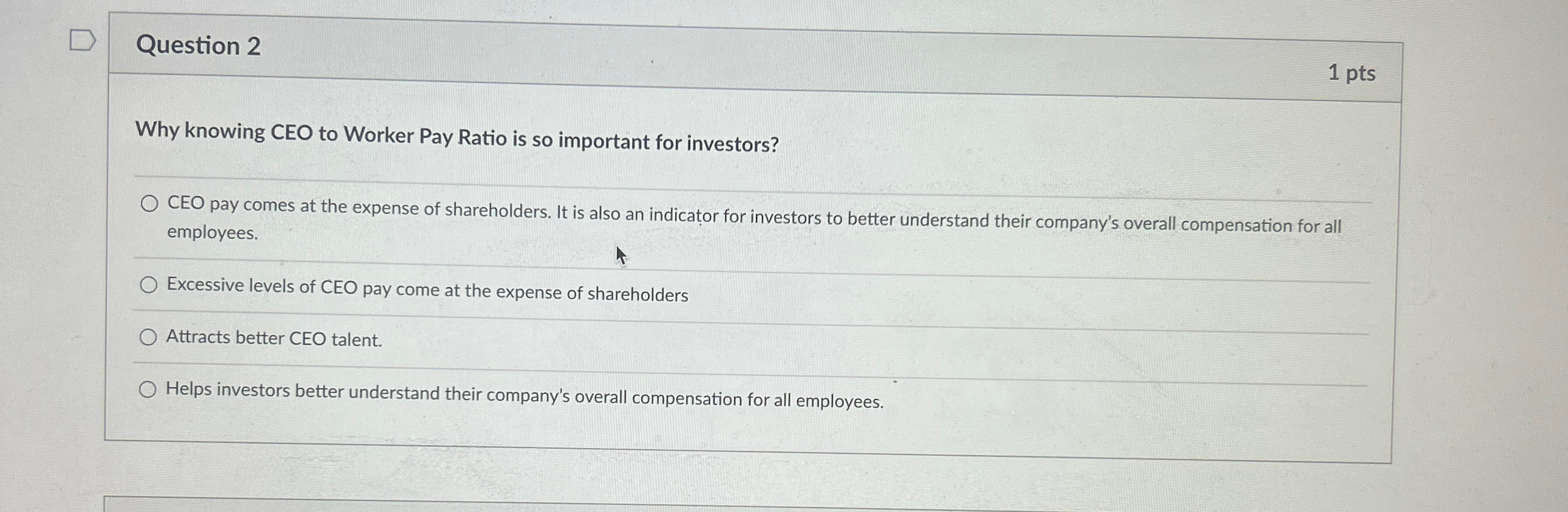  Question 2 1pts Why knowing CEO to Worker Pay Ratio is