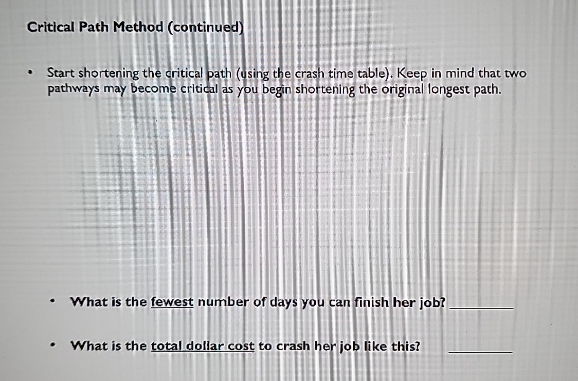  Critical Path Method (continued) Start shortening the critical path (using the
