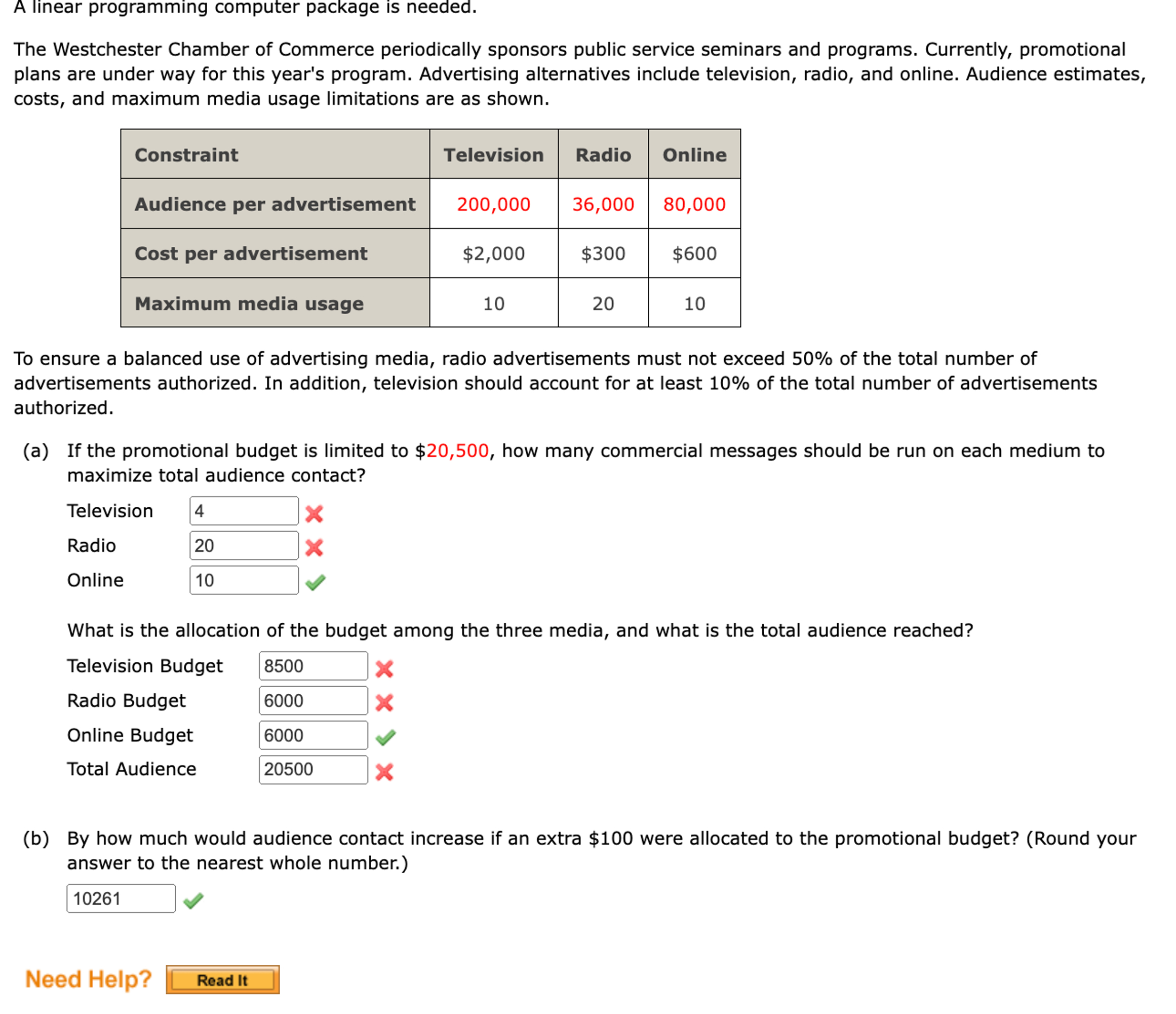  A linear programming computer package is needed. The Westchester Chamber of