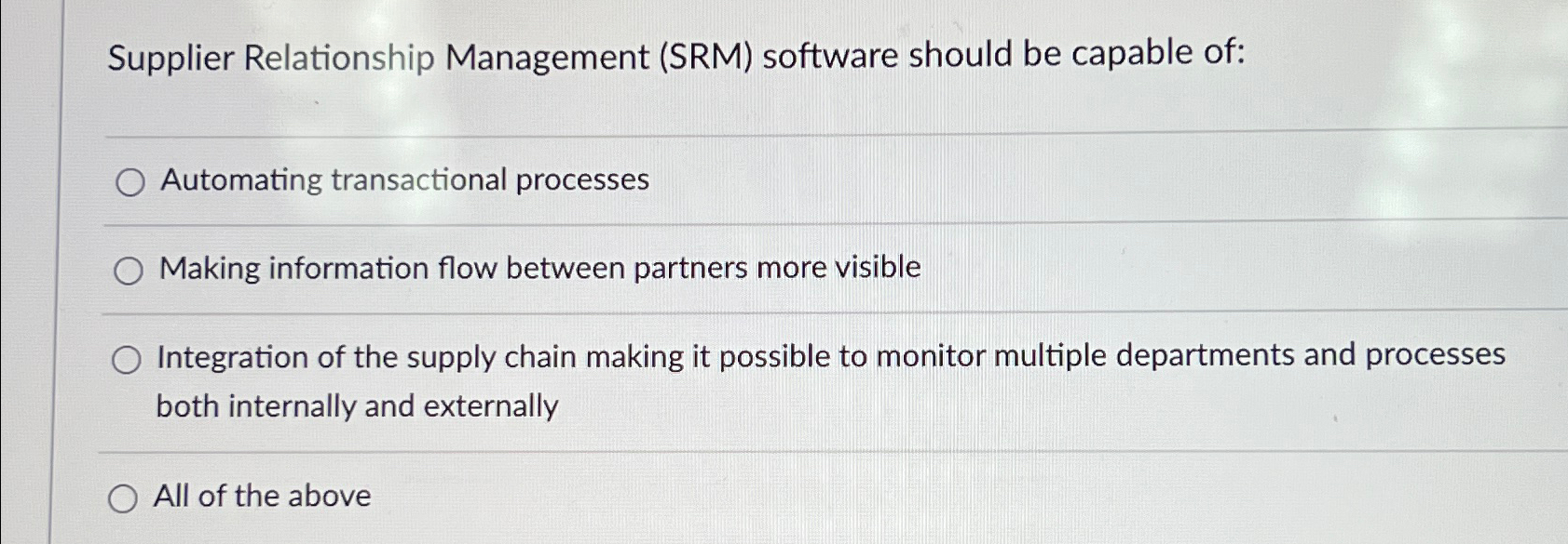  Supplier Relationship Management (SRM) software should be capable of: Automating transactional