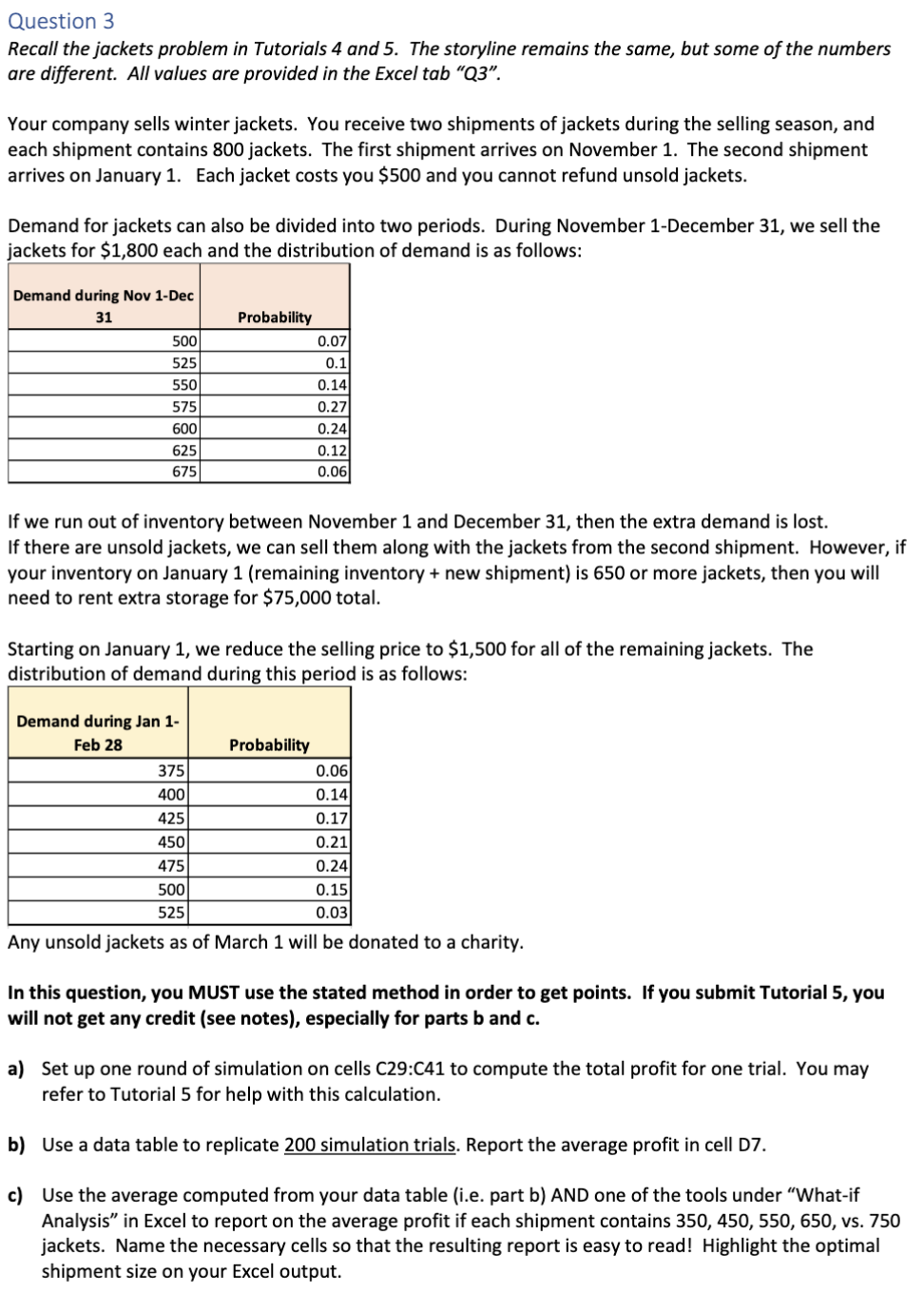  Question 3 Recall the jackets problem in Tutorials 4 and 5.