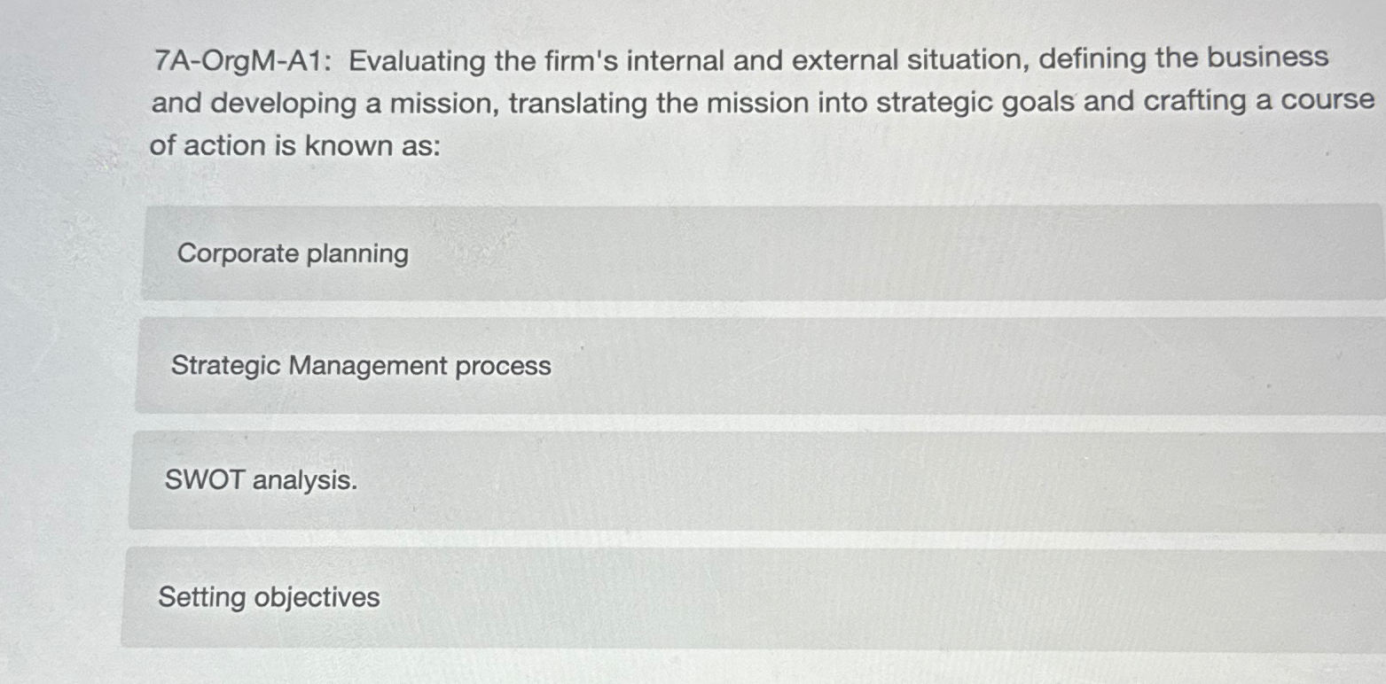  7A-OrgM-A1: Evaluating the firm's internal and external situation, defining the business