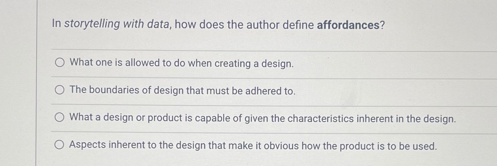  In storytelling with data, how does the author define affordances? What