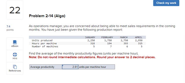  22 Problem 2-14(Algo) As operations manager, you are concerned about being