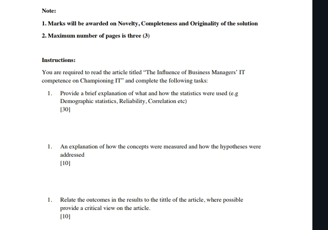  Note: Marks will be awarded on Novelty, Completeness and Originality of