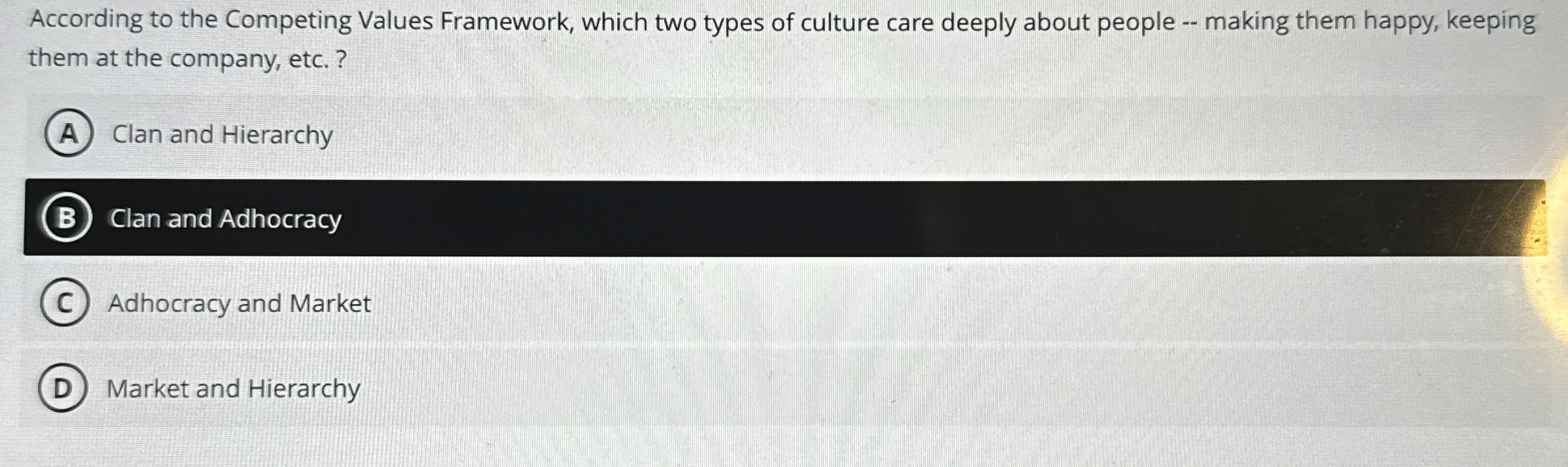  According to the Competing Values Framework, which two types of culture
