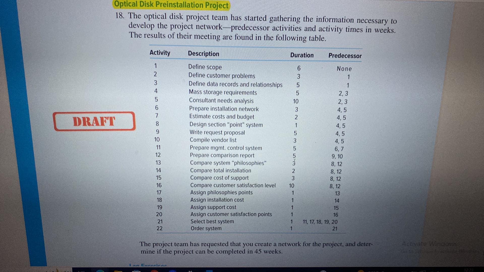  Optical Disk Preinstallation Project 18. The optical disk project team has