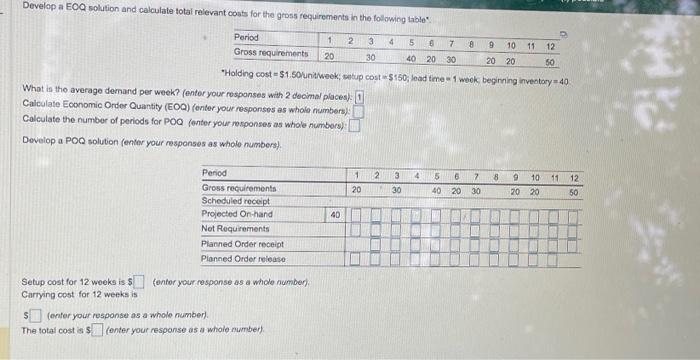  Develop a EOQ solution and calculate total relevant costs for the