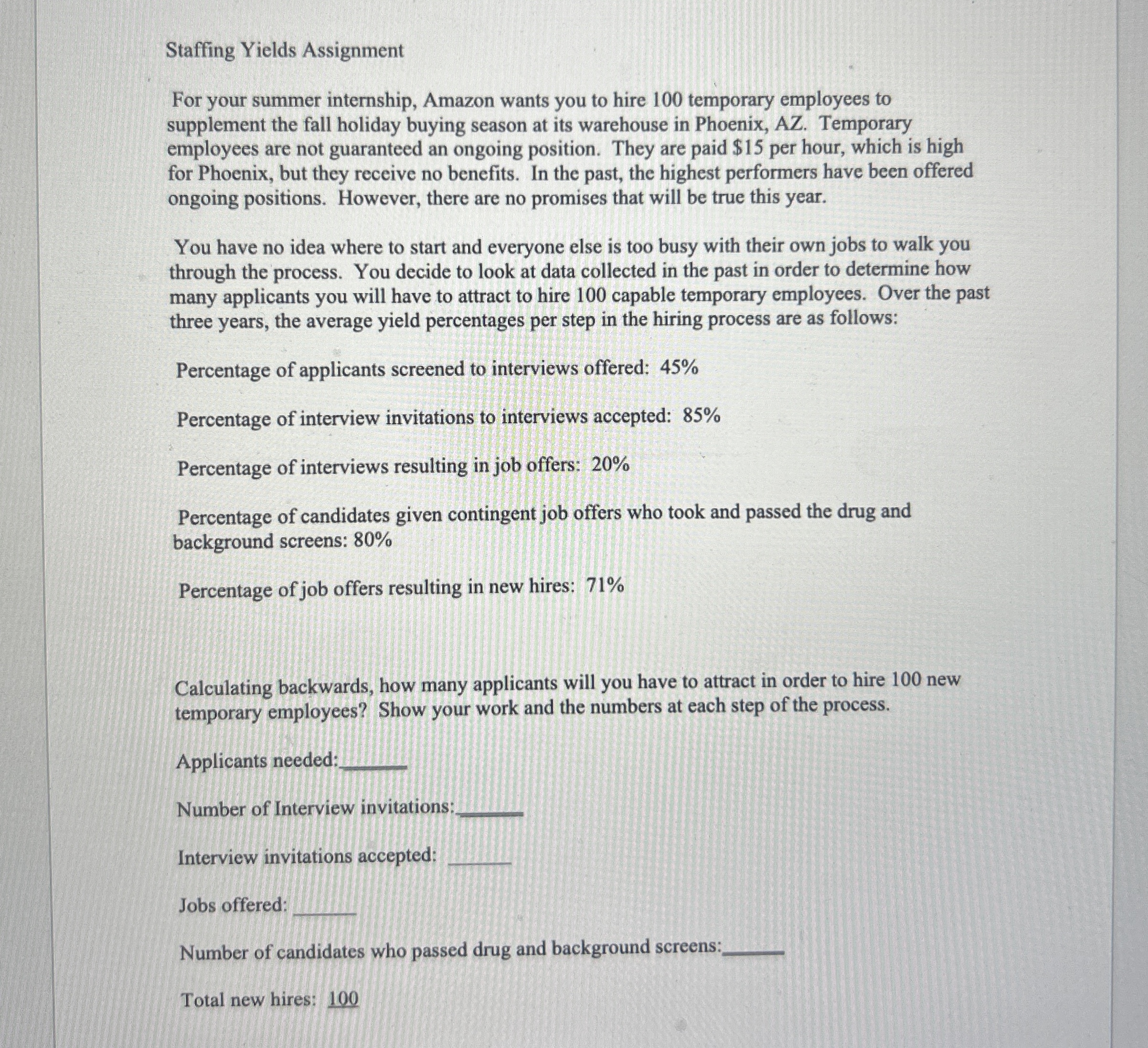  Staffing Yields Assignment For your summer internship, Amazon wants you to